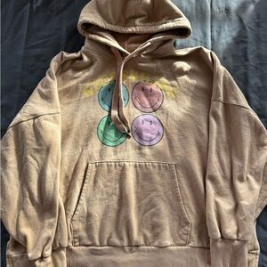 American Eagle Outfitters Tan Hoodie with Colorful Smiley Faces